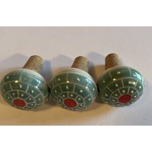Set Of 3 Ceramic Geometric Pottery Cork Wine Toppers Stoppers Green Red
